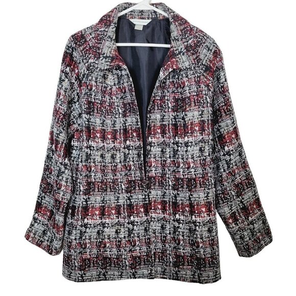 Christopher & Banks Sz Large Jacquard Open Front Jacket Embroidered Red Black - Picture 1 of 10